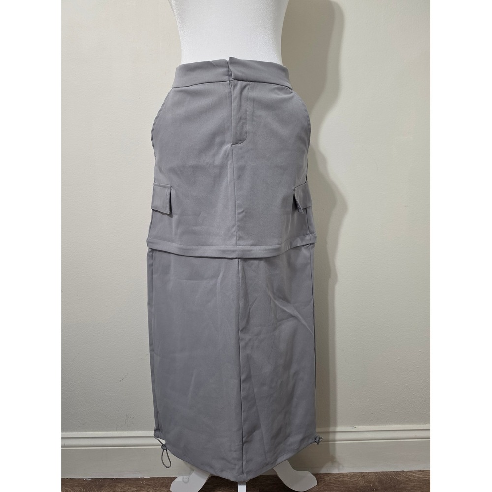 Grey High Waisted Cargo Maxi Skirt with Layered Detail and Toggle Hem